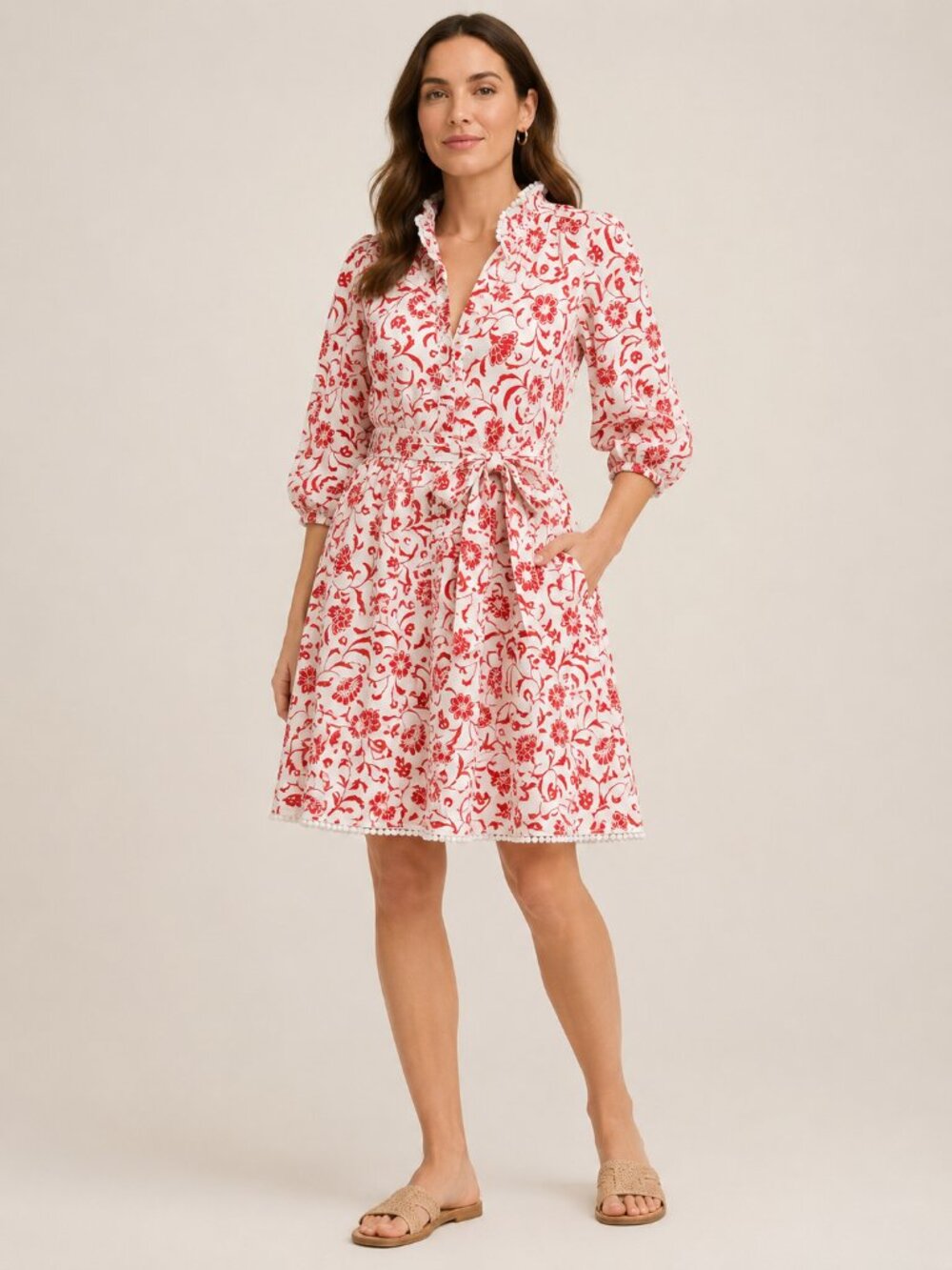 Ann Taylor Red White floral flare print Dress size 8